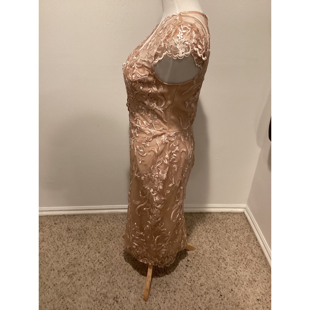 Soieblu Rose Gold Floral Lace Midi Dress V-Neck Cap Sleeve Sheer Back Size Large - Picture 2 of 5